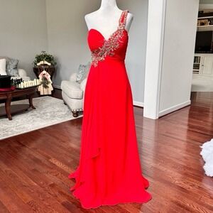 Vintage RJ Crush Red One Shoulder Embellished Beaded Gown‎ Dress XS